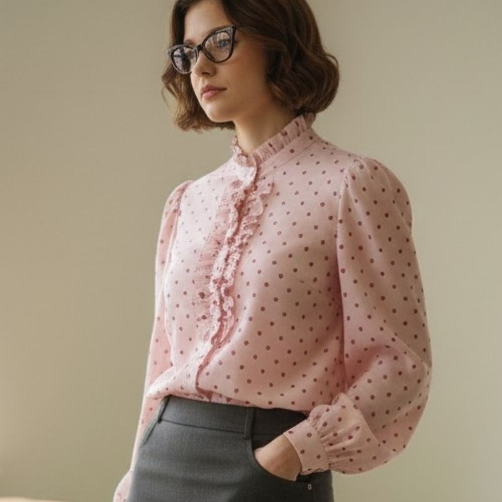 Vintage Koret USA Pink Frilly Ditsy Leaves Blouse